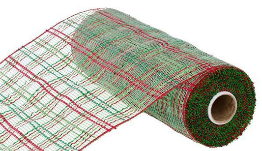 10"X10YD LIME GREEN, RED and EMERALD GREEN VERTICAL FOIL PLAID MESH - RE1368XC