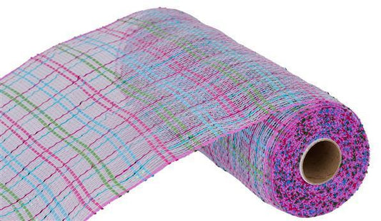 10"X10YD LAVENDAR, HOT PINK, TURQUOISE, LIME GREEN and IRIDESCENT VERTICAL FOIL PLAID MESH - RE1368XH