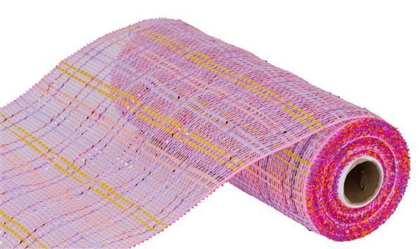 10"X10YD PINK, YELLOW, LAVENDAR, IRISDECENT VERTICAL FOIL PLAID MESH - RE1368XK