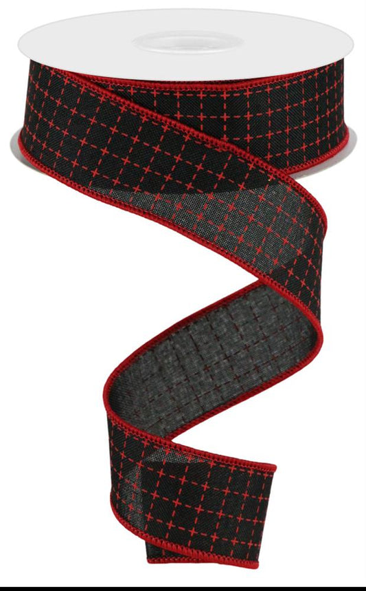 1.5"X10YD RAISED STITCHED SQUARES/ROYAL - BLACK/RED - RG01677WJ