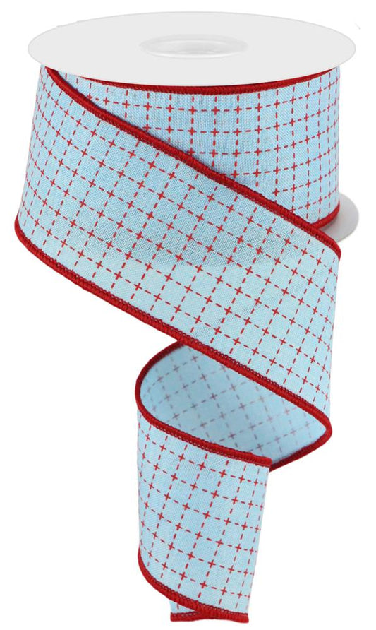 2.5"X10YD RAISED STITCHED SQUARES/ROYAL - PALE BLUE/RED - RG01678F1