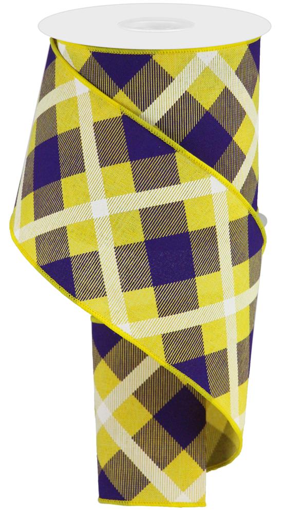 4"X10YD PRINTED PLAID ON ROYAL - YELLOW/PURPLE/WHITE - RG01684CN