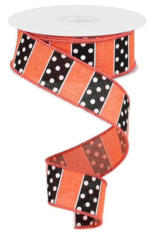 1.5"X10YD POLKA DOT/STRIPES - DK CORAL/BLACK/WHITE - RG01967NE