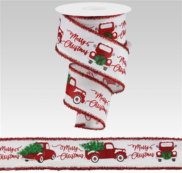 2.5"X10YD MERRY CHRISTMAS TRUCK WITH TREE TINSEL EDGE - WHITE, RED AND GREEN - RG0827627