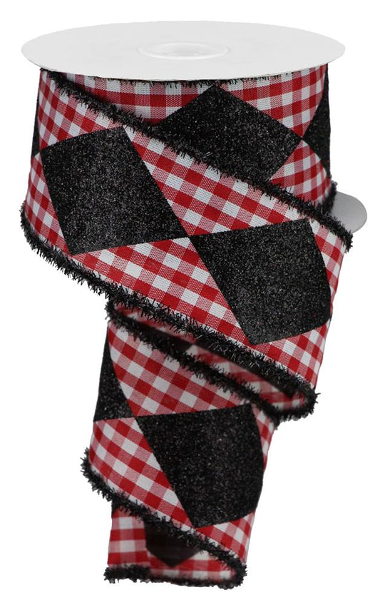 2.5"X10YD BOLD HARLEQUIN/GINGHAM/TINSEL - RED/WHITE/BLACK - RG08428W7