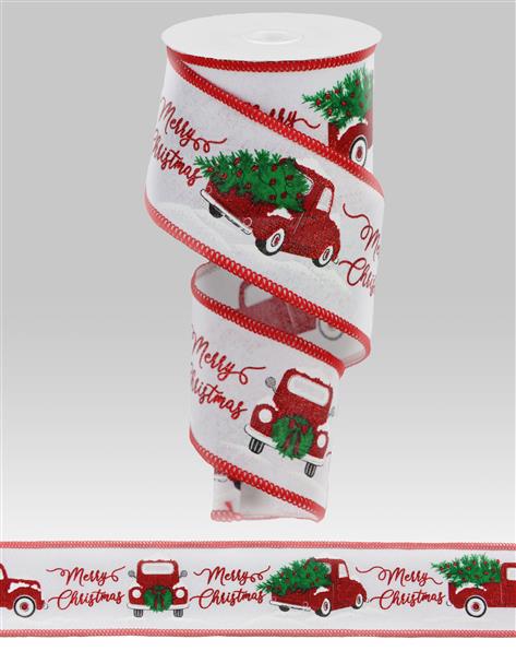 2.5"X10YD MERRY CHRISTMAS TRUCK WITH TREE - WHITE, RED AND GREEN - RG0877327