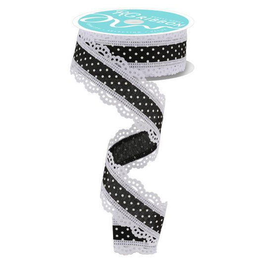 1.5"X10YD BLACK AND WHITE RAISED SWISS DOTS WITH LACE - RG0886902