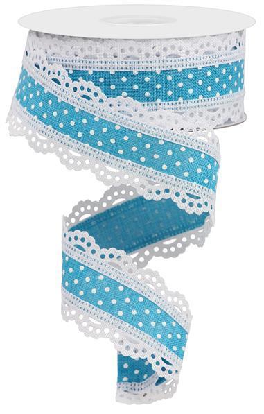 1.5"X10YD LIGHT BLUE AND WHITE RAISED SWISS DOTS W/LACE - RG0886934