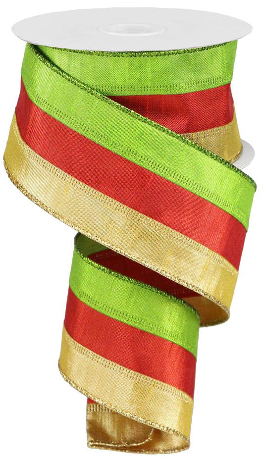 2.5"X10YD 3-IN-1 METALLIC FAUX DUPIONI - LIME/RED/GOLD - RG87927C