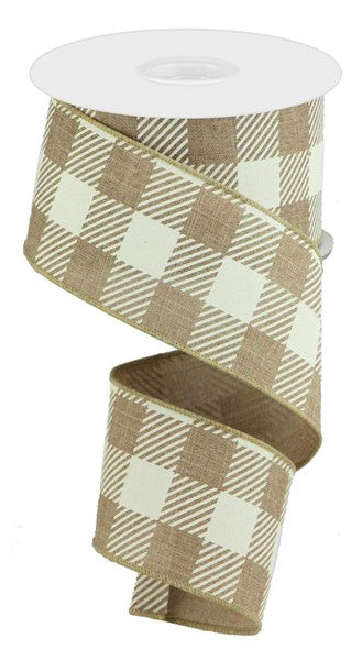 2.5" x 10yd Large Striped Check On Royal - Light Beige and Ivory - RGA142701