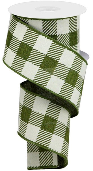 2.5" x 10yd Large Striped Check On Royal - Moss Green and Ivory - RGA142752