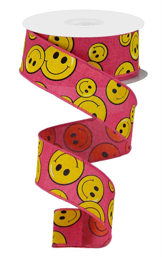 1.5"X10YD SMILEY FACE ON ROYAL - HOT PINK/YELLOW/BLACK - RGA146211