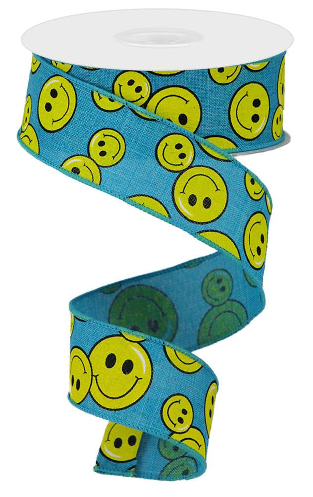 1.5"X10YD SMILEY FACE ON ROYAL - TURQUOISE/YELLOW/BLACK - RGA1462A2