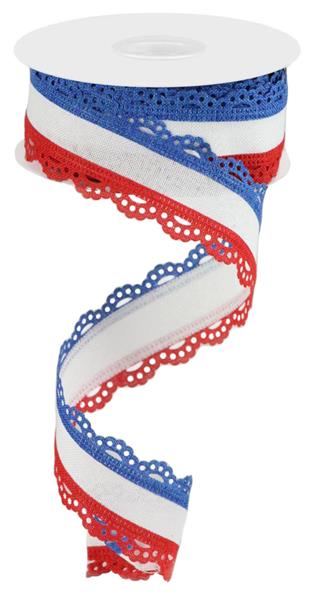 1.5"X10YD LACE EDGE ROYAL BURLAP - RED, WHITE AND BLUE - RGA1541A1