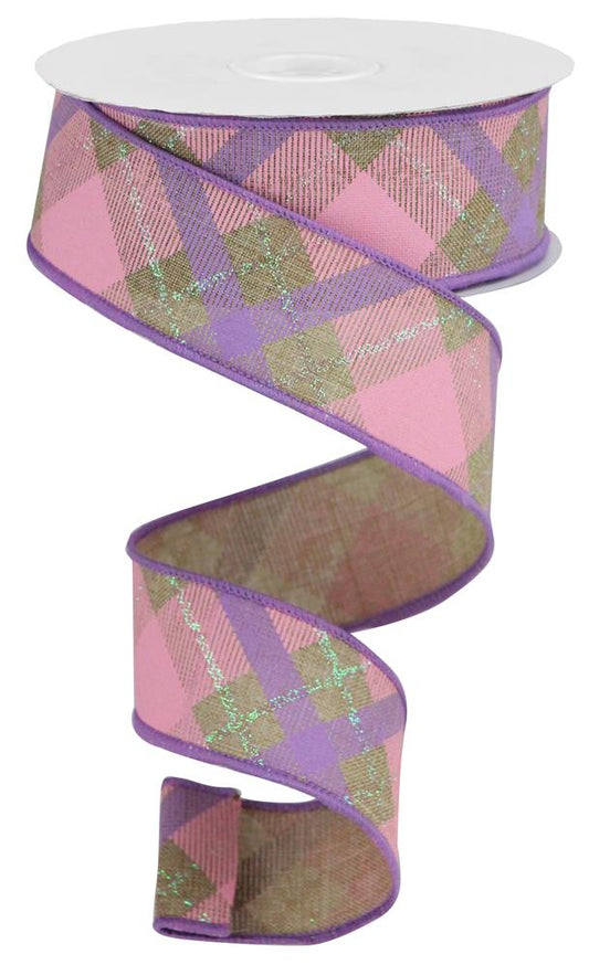 1.5"X10YD IRID. GLITTER PLAID ON ROYAL - LT NAT/PINK/LAV/IRID WHT - RGA1690NF