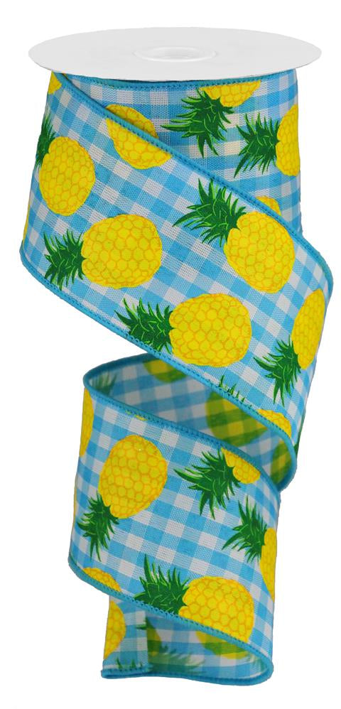 2.5"X10YD PINEAPPLES ON WOVEN CHECK - BLUE/WHITE/YELLOW/GREEN - RGA188875