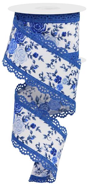 2.5" x 10yd Mini Roses/Lace - White and Multi Blue - RGA859225