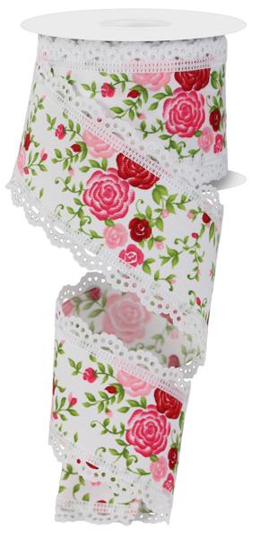 2.5" x 10yd Mini Roses/Lace - White, Pink, Red and Green - RGA859227