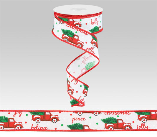 1.5"X10YD CHRISTMAS TRUCKS/FAUX ROYAL - WHITE/RED/EMERALD - RGB10008R