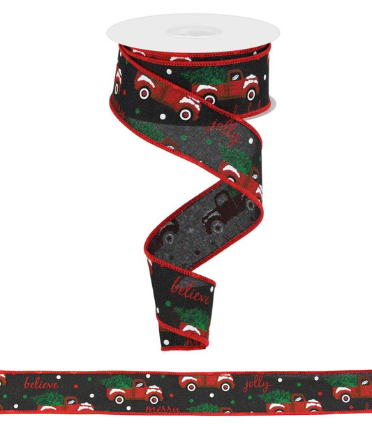 1.5"X10YD CHRISTMAS TRUCKS ON ROYAL - BLACK/WHITE/RED/GREEN - RGB100202