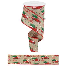 2.5"X10YD CHRISTMAS TRUCKS ON ROYAL - LT BEIGE/WHITE/RED/GREEN - RGB100301