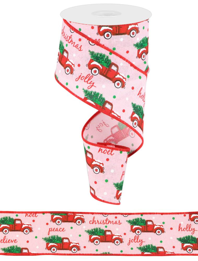 2.5"X10YD CHRISTMAS TRUCKS ON ROYAL - PALE PINK/WHITE/RED/GREEN - RGB100315