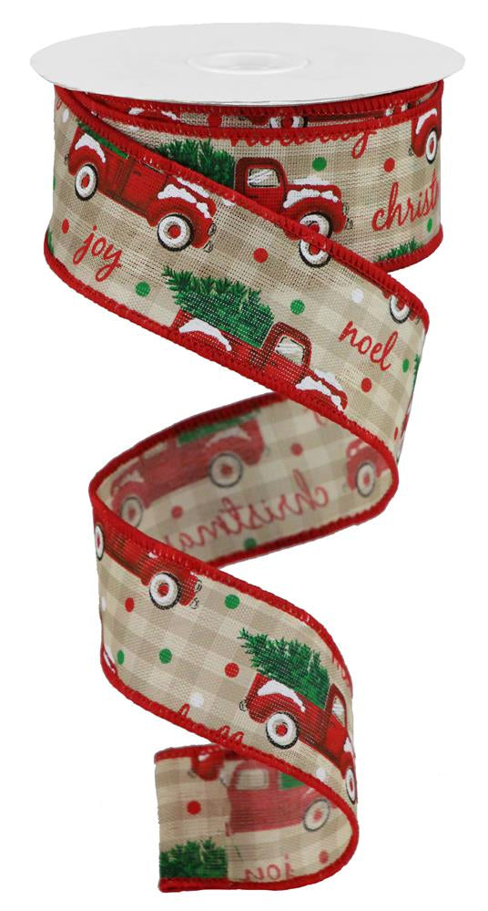 1.5"X10YD CHRISTMAS TRUCKS/CHECK - BEIGE/CREAM/RED/GREEN - RGB10065A