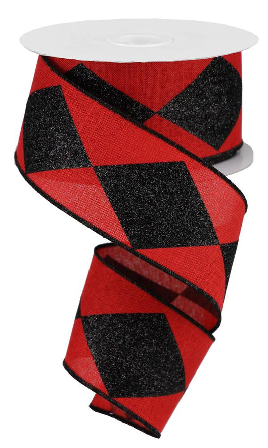 2.5"X10YD BOLD HARLEQUIN ON ROYAL - RED/BLACK - RGB102024