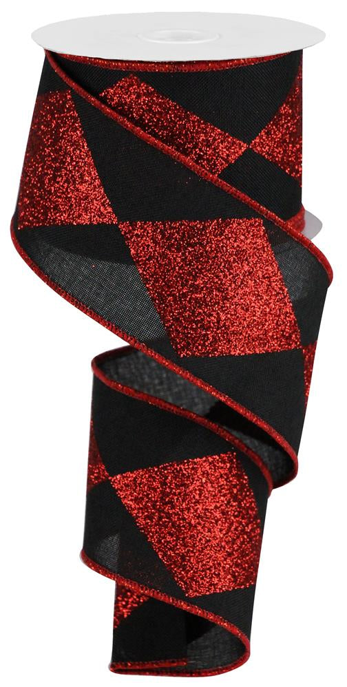 2.5"X10YD BOLD HARLEQUIN ON ROYAL - BLACK/RED - RGB102102