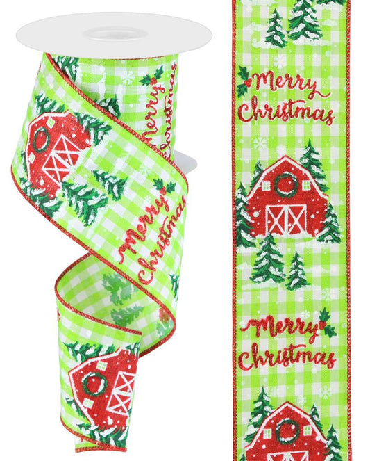 2.5"X10YD CHRISTMAS BARN ON CHECK - GREEN/WHITE/RED/GREEN - RGB1079RY