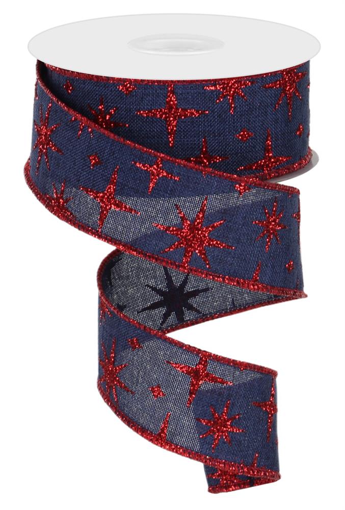 1.5"X10YD RETRO STARS ON ROYAL BURLAP - NAVY/RED - RGB112719