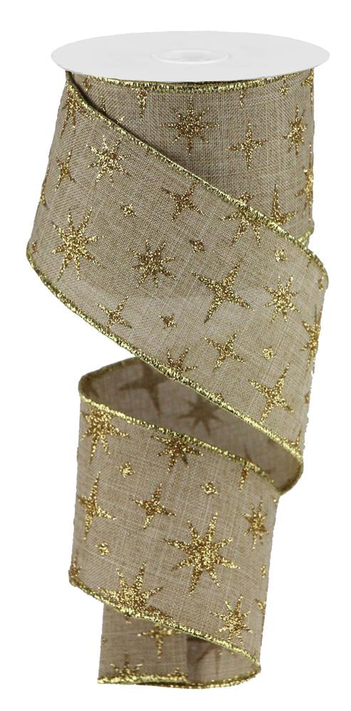 2.5"X10YD RETRO STARS ON ROYAL BURLAP - LIGHT BEIGE/GOLD - RGB112801