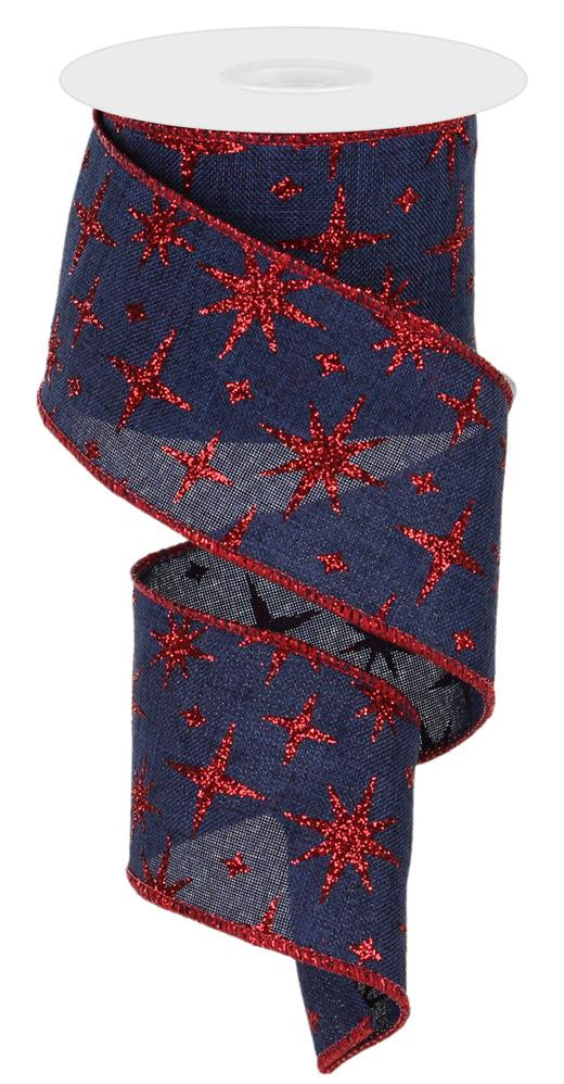 2.5"X10YD RETRO STARS ON ROYAL BURLAP - NAVY/RED - RGB112819