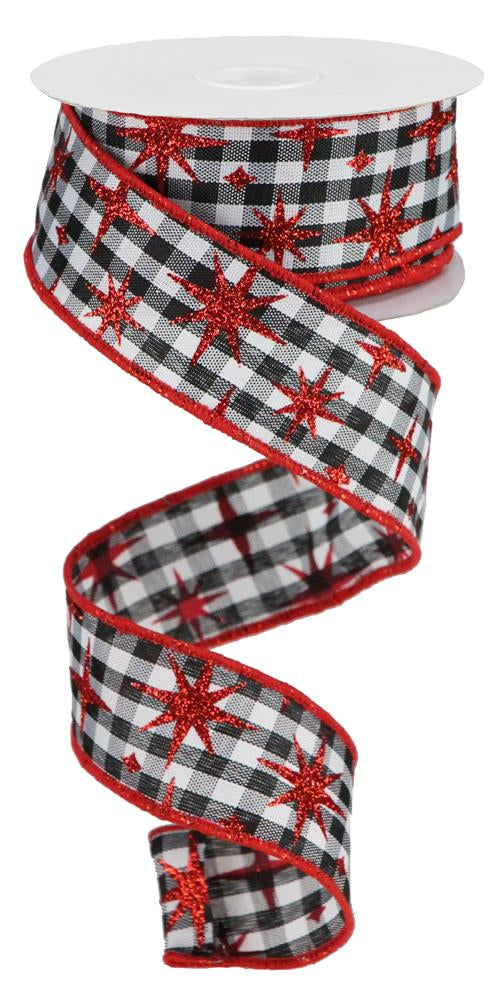 1.5"X10YD RETRO STARS/GINGHAM CHECK - BLACK/WHITE/RED - RGB1135X6