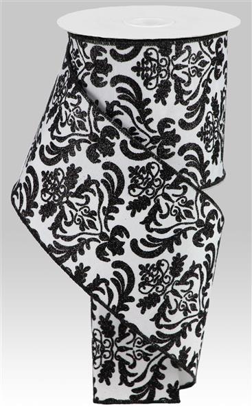 4"X10YD BOLD DAMASK/FAUX DUPIONI - WHITE/BLACK - RGB1326X6