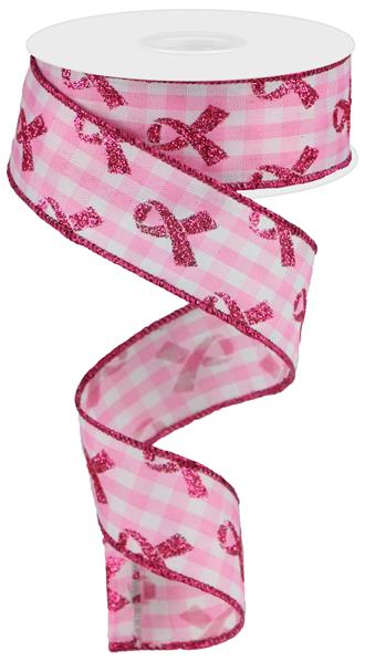 1.5"X10YD GLITTER BREAST CANCER ON GINGHAM - WHITE AND PINK - RGC1096WT