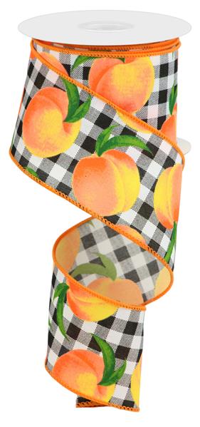 2.5"X10YD PEACHES WITH GINGHAM - WHITE, PEACH, GOLD AND GREEN - RGC122727