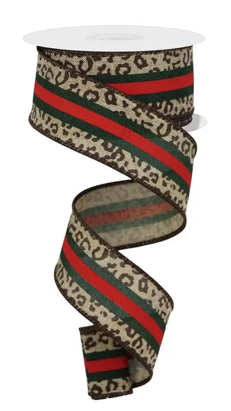 1.5"X10YD LEOPARD/CTR STRIPES/ROYAL-BEIGE/RED/EMERALD/BROWN-RGC185501