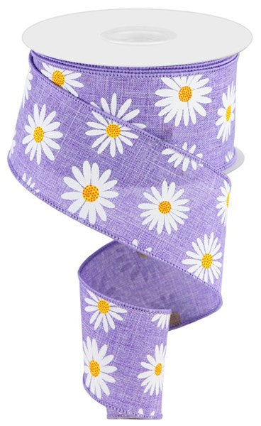 2.5"X10YD DAISY ON FAUX ROYAL burlap ribbon - purple