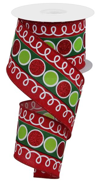 2.5"X10YD STRIPE GLITTER CIRCLE W/LOOPS - WHITE/RED/EMERALD/LIME - RGE10689H