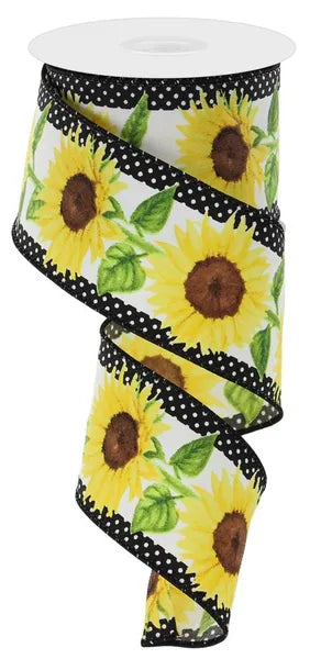 2.5"X10YD SUNFLOWERS W/POLKA DOTS-WHITE/YELLOW/BROWN/GREEN-RGE110527