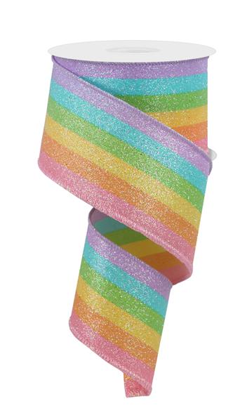 2.5"X10YD RAINBOW VERTICAL STRIPE WITH GLITTER - PNIK, ORANGE, YELLOW, GREEN, BLUE AND YELLOW - RGE14553T