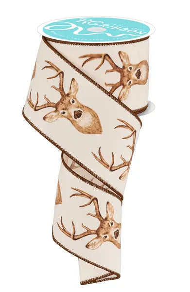 2.5"X10YD DEER HEAD ON DIAGONAL WEAVE-IVORY/BROWN /TAN/CARMAEL-RGF114337