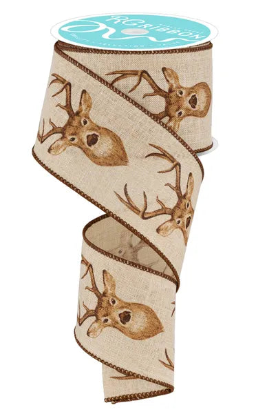 2.5"X10YD DEER HEAD ON ROYAL BURLAP-NATURAL/BROWN/TAN/CARAMEL-RGF114418