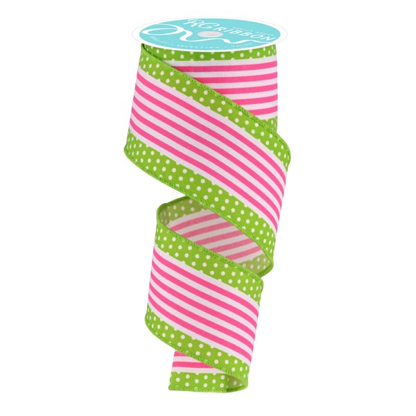 2.5"X10YD VERTICAL STRPE WITH POLKA DOT EDGE - WHITE, HOT PINK AND LIME - RGF1301AW