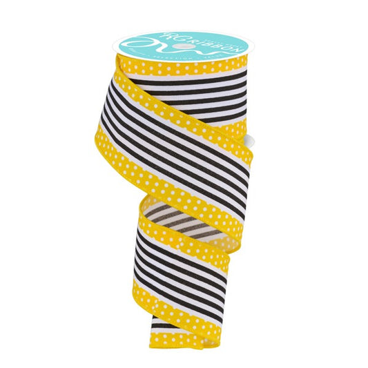 2.5"X10YD VERTICAL STRPE WITH POLKA DOT EDGE - WHITE, BLACK AND YELLOW - RGF1301CJ