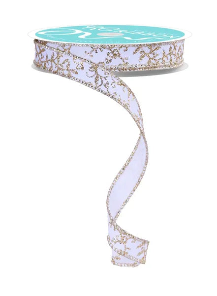 5/8" x 10yd Glitter Mini Leaf Vines-White/Gold-RGF1393C6