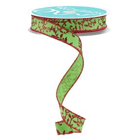 5/8"X10YD GLITTER MINI LEAF VINES - LIME GREEN RED - RGF1393W1