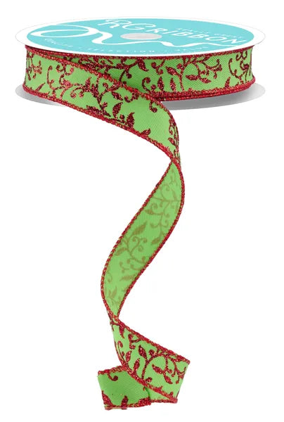 5/8" x 10yd Glitter Mini Leaf Vines- Lime Green/Red-RGF1393W1