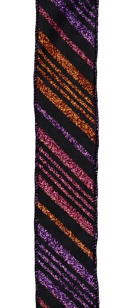 1.5"X10YD DIAGONAL GLITTER STRIPE - BLACK/PRPL/ORNG/HOT PINK - RGF1430YR